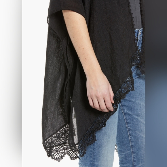 Nordstrom Treasure & Bond Lace Trim Ruana Open Front Wrap Kimono Coverup Black - Picture 8 of 9
